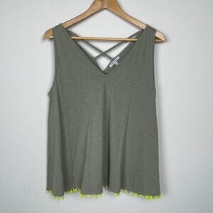 Lisa Todd Sleeveless Top Sz S Green Crisscross Pompom Trim Cotton‎ Boho Festival